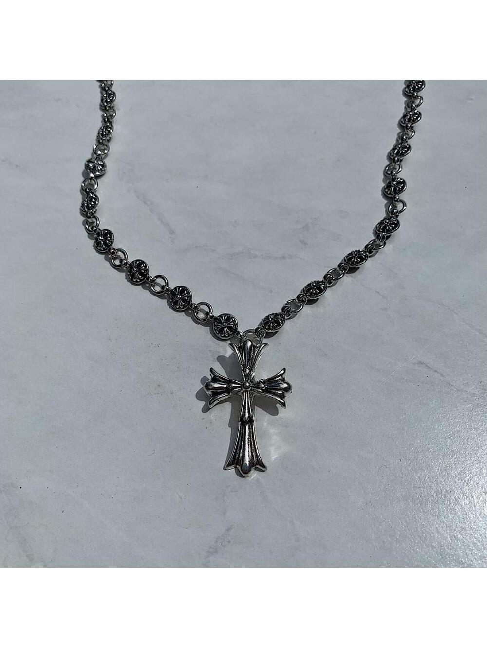 Grunge Cyber y2k silver gothic cross long necklace chain. 24 inches length.